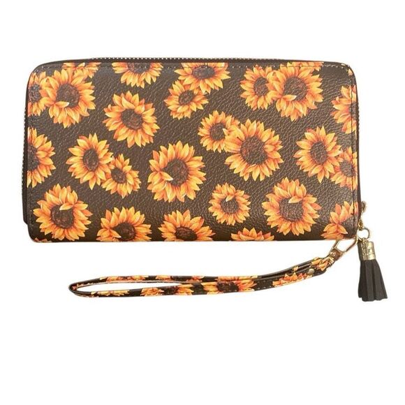 Sunflower Wallet Wristlet Black Orange Yellow 4.5”x8” Gold Hardware NEW - Picture 3 of 4